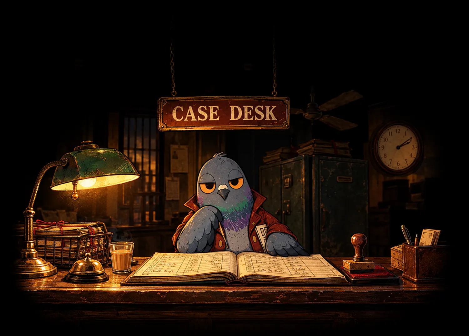 Crumbs the pigeon waiting at the Case Desk beside an open ledger