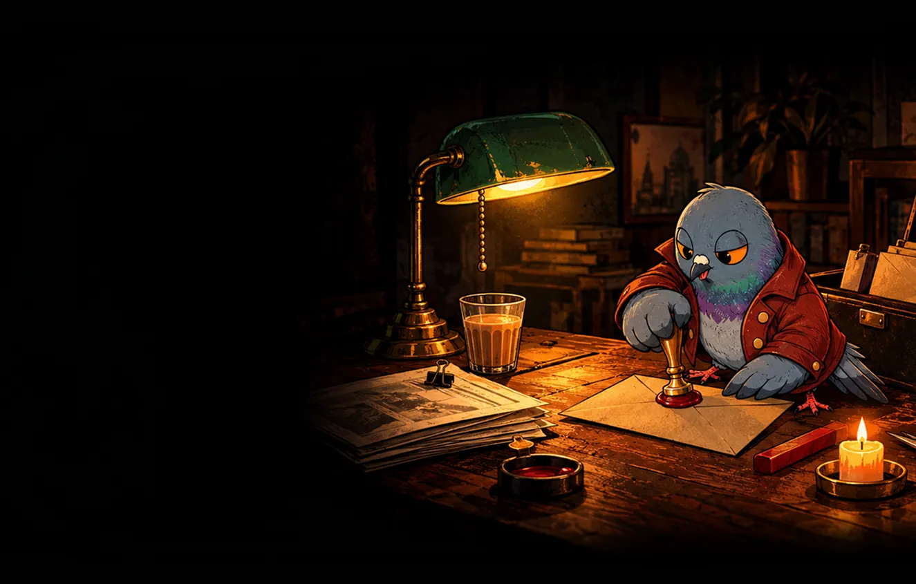 Crumbs the pigeon stamping a wax seal on an envelope by lamplight