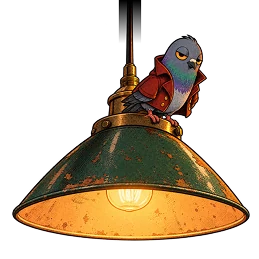 A brass desk lamp with Crumbs the pigeon perched on top