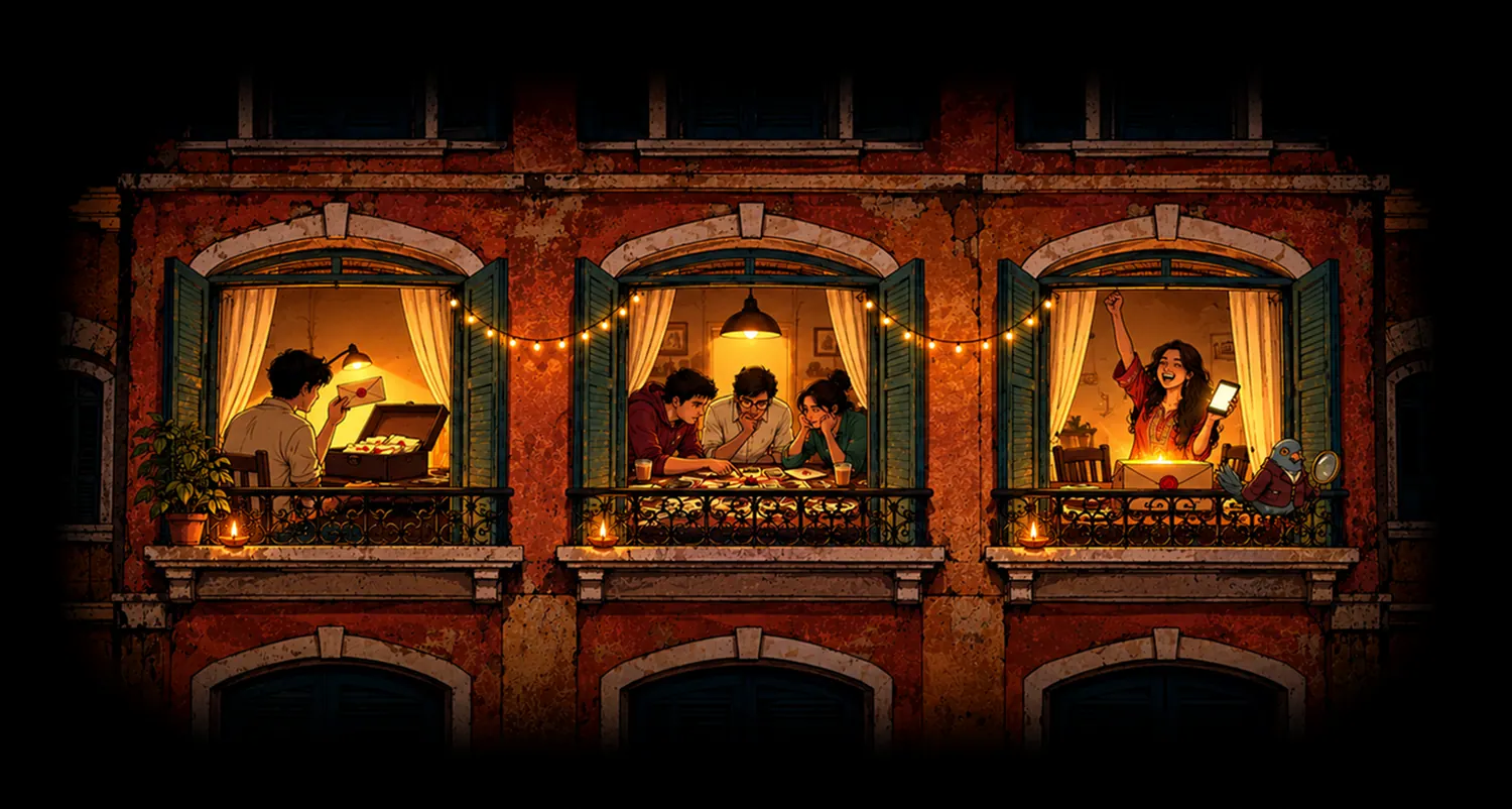 Three lit windows: a box being opened, friends investigating together, and a player celebrating a solved case