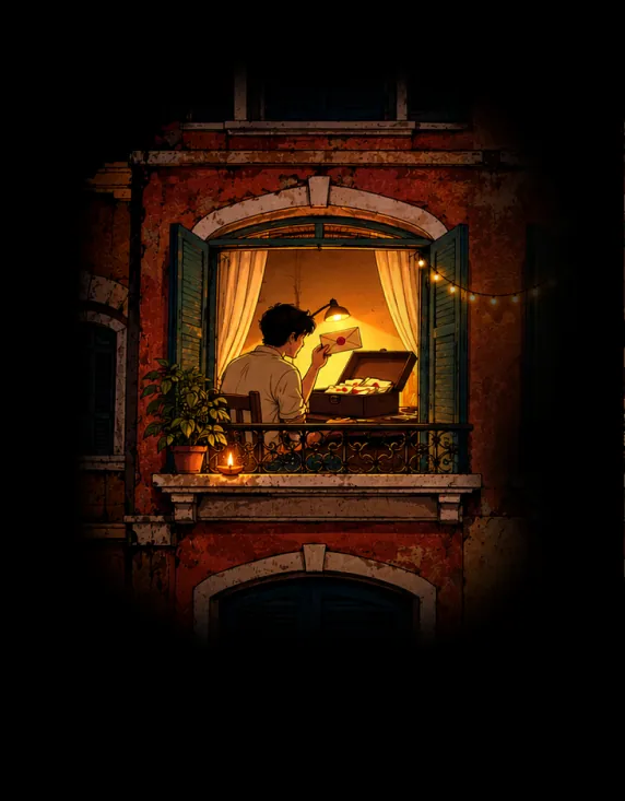 A man at a lit window opening a box of sealed envelopes