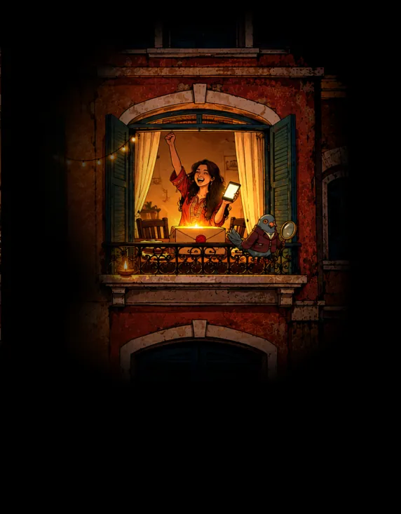 A woman cheering with her phone raised beside a glowing envelope and Crumbs the pigeon