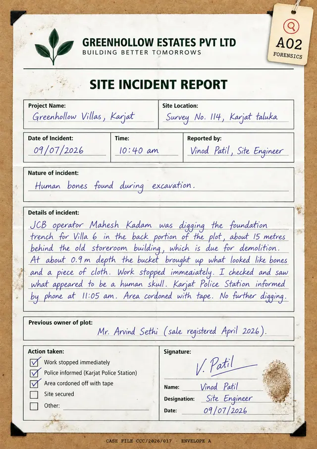 A02: site incident report from a construction site where human bones were found