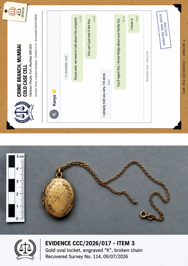A05 and A13: a message screenshot and an evidence photo of a gold locket
