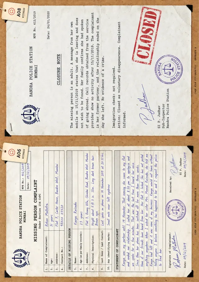 A06 and A08: a police closure note and a missing person complaint