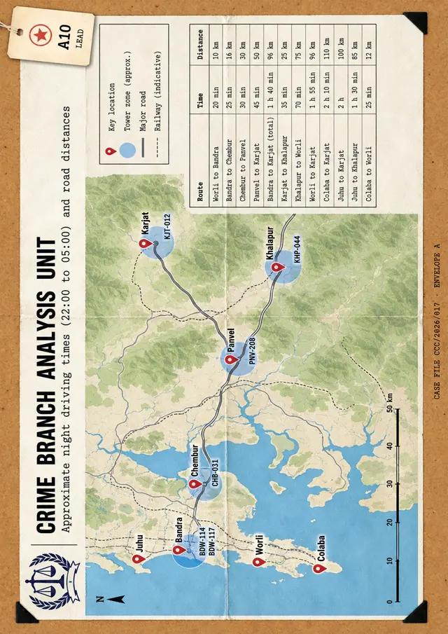 A10: Crime Branch map sheet of night-time driving routes and cell towers