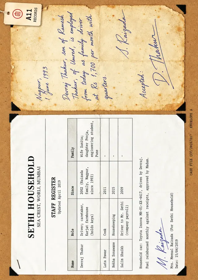 A11: Sethi household staff register and a 1993 employment note