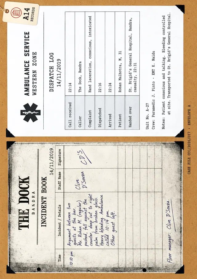 A14: a bar incident book and an ambulance dispatch log